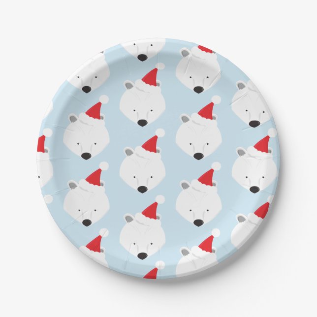 Polar Bear Santa Hat Animal Christmas Paper Plates (Front)