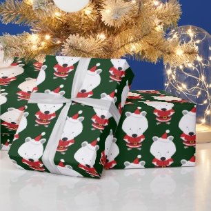 Polar Bear Santa Hat Green Christmas Holiday Wrapping Paper