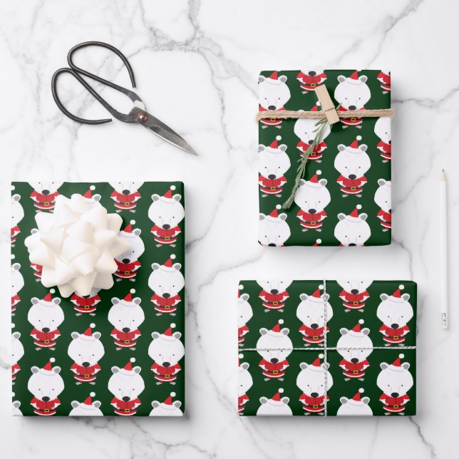 Polar Bear Santa Hat Green Christmas Holiday Wrapping Paper Sheets (Front)