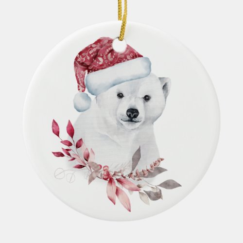 Polar bear Santa hat Merry Christmas cute Ceramic Ornament
