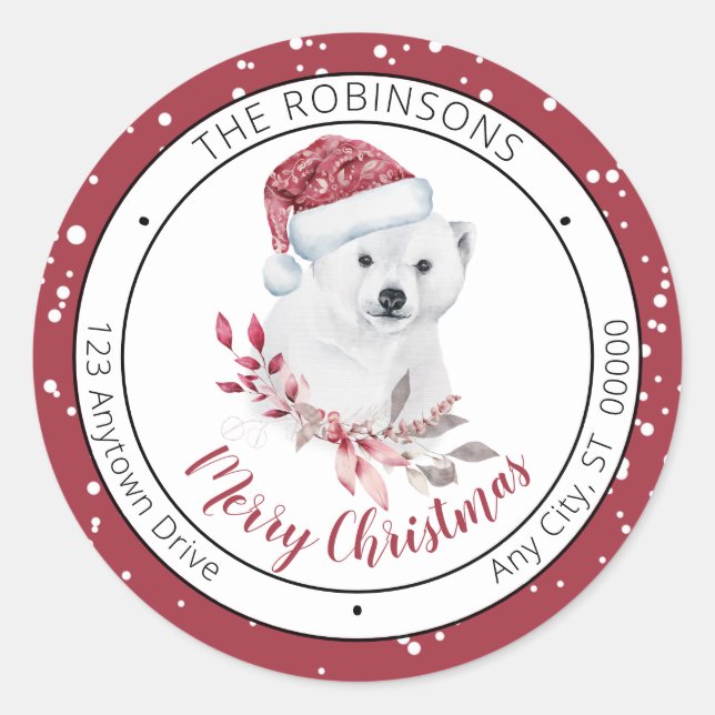 Polar Bear | Santa Hat Merry Christmas Family Classic Round Sticker (Front)
