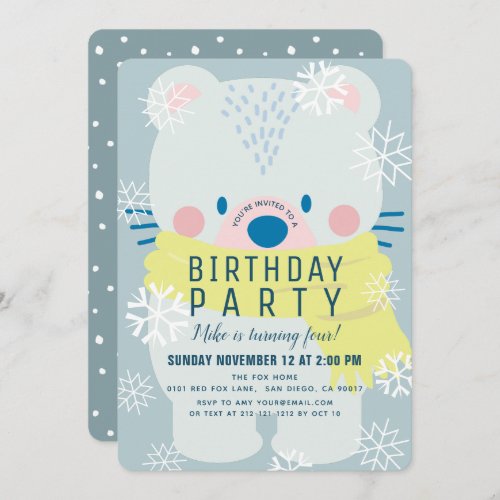 Polar Bear Scarf Winter Snowflakes Blue Birthday Invitation