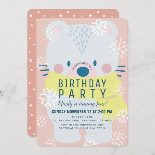 Polar Bear Scarf Winter Snowflakes Pink Birthday Invitation