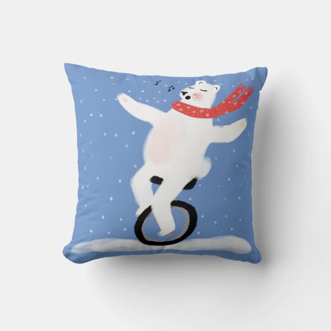 Polar Bear Singing & Riding Unicycle Snow Holiday Throw Pillow (Front)