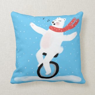 Polar Bear Singing & Riding Unicycle Snow Holiday Throw Pillow