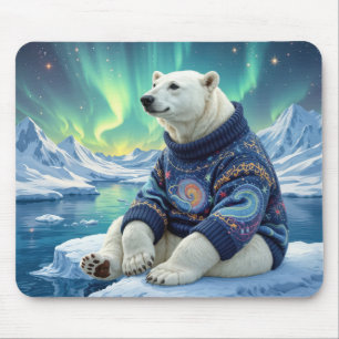 Polar Bear Sitting Under Northern Lights Mouse Pad