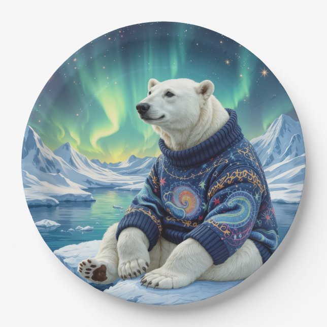 Polar Bear Sitting Under Northern Lights Paper Plates (Front)