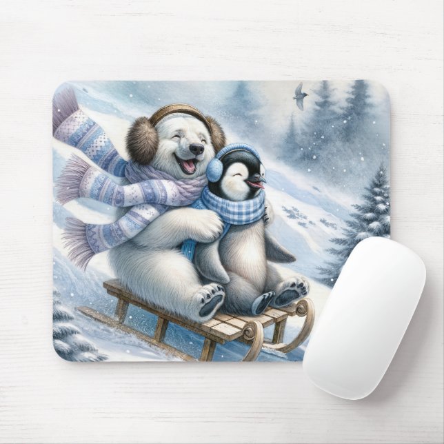 Polar Bear Sledding With a Penguin Mouse Pad (With Mouse)