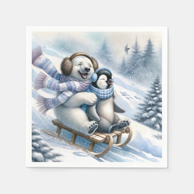 Polar Bear Sledding With a Penguin Napkins (Front)