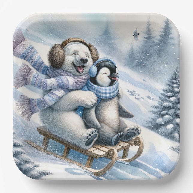 Polar Bear Sledding With a Penguin Paper Plates (Front)