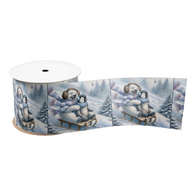 Polar Bear Sledding With a Penguin Satin Ribbon (Spool)