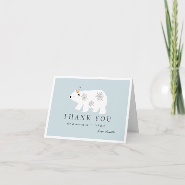 Polar Bear Snowflake Blue Baby Shower Thank You Card (Front)