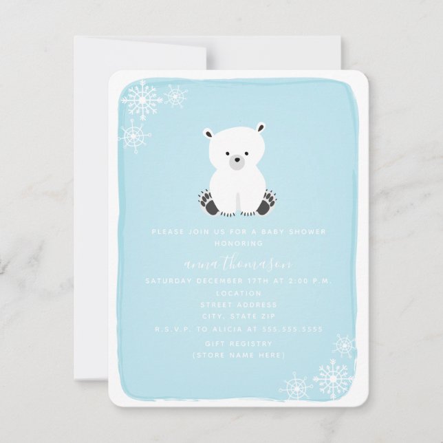 Polar Bear Snowflake Boy Baby Shower - Blue Invitation (Front)