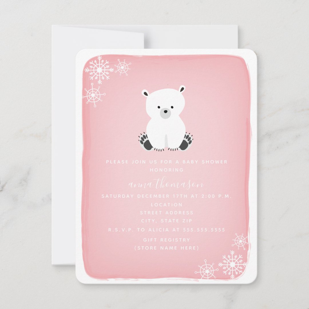 Polar Bear Snowflake Girl Baby Shower - Pink Invitation | Zazzle