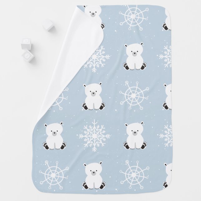 Polar Bear Snowflake Pattern Blue Baby Boy Baby Blanket (In Situ)