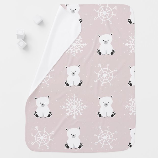 Polar Bear Snowflake Pattern Pink Baby Girl Baby Blanket (In Situ)