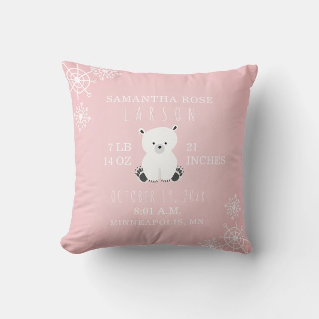 Polar Bear Snowflake Pink Baby Girl Birth Stats Throw Pillow (Front)