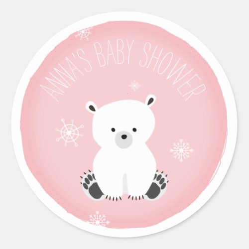 Polar Bear Snowflake Pink Girl Baby Shower Classic Round Sticker