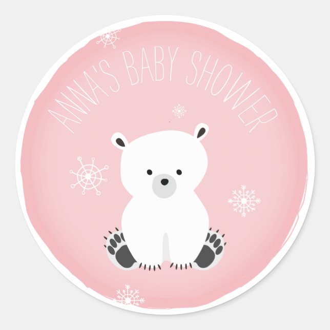 Polar Bear Snowflake Pink Girl Baby Shower Classic Round Sticker (Front)
