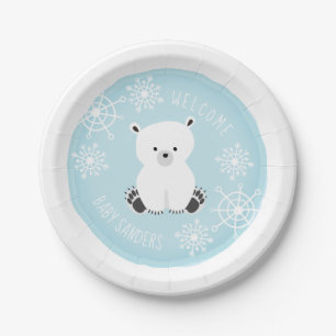 Polar Bear Snowflake Winter Blue Boy Baby Shower Paper Plates