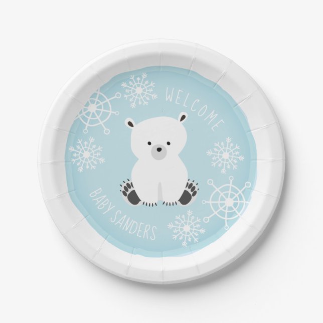 Polar Bear Snowflake Winter Blue Boy Baby Shower Paper Plates (Front)