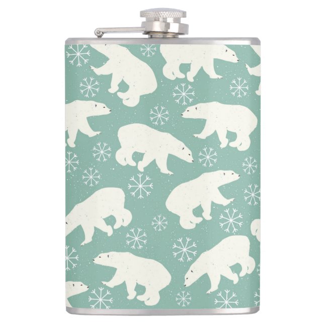 Polar Bear Snowflakes Blue White Winter Pattern Flask (Front)