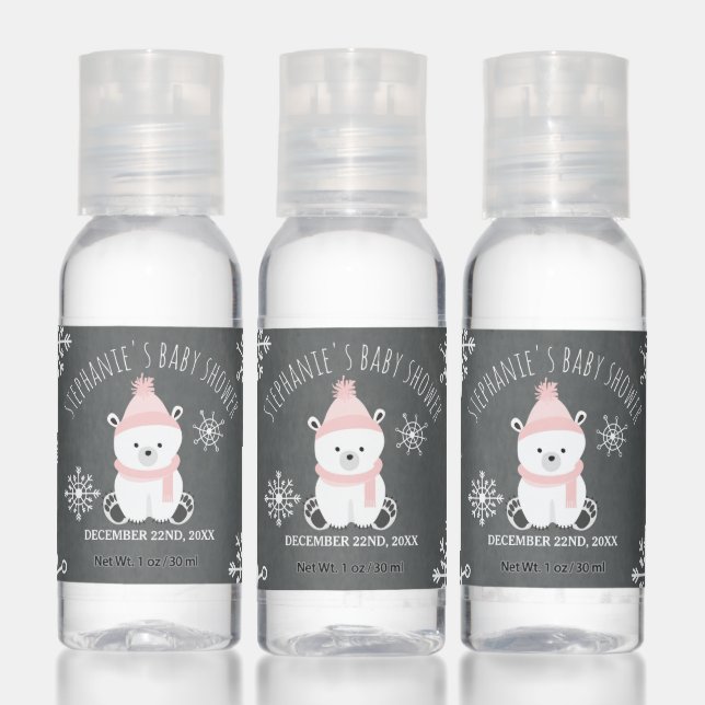Polar Bear Snowflakes Pink Girl Winter Baby Shower Hand Sanitizer (Set)