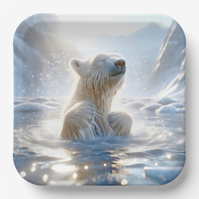 Polar Bear Splashing In Arctic Water Paper Plates (Front)