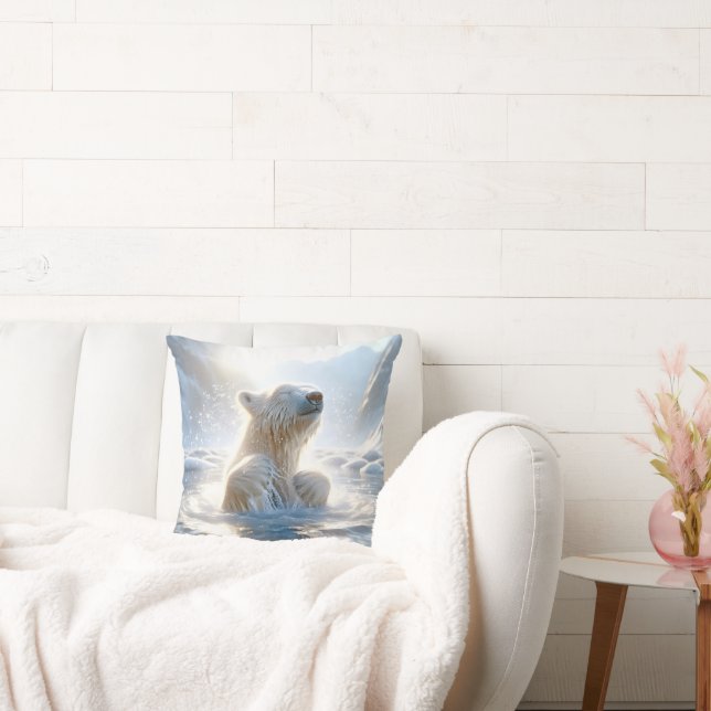 Polar Bear Splashing In Arctic Water Throw Pillow (Couch)