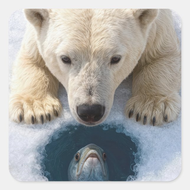 Polar Bear Staring at a Fish Square Sticker (Front)
