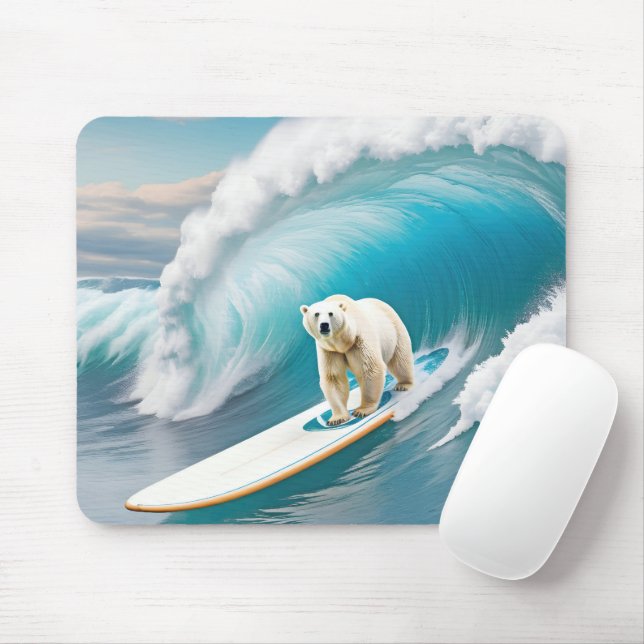 Polar Bear Surfing On A Surfboard Mouse Pad (With Mouse)