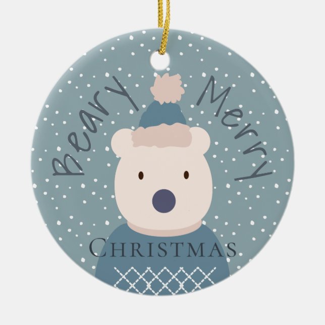Polar Bear Sweater Blue Christmas Photo Ornament (Front)