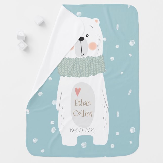 Polar Bear Sweet Cute Winter Baby Boy Custom Swaddle Blanket (In Situ)