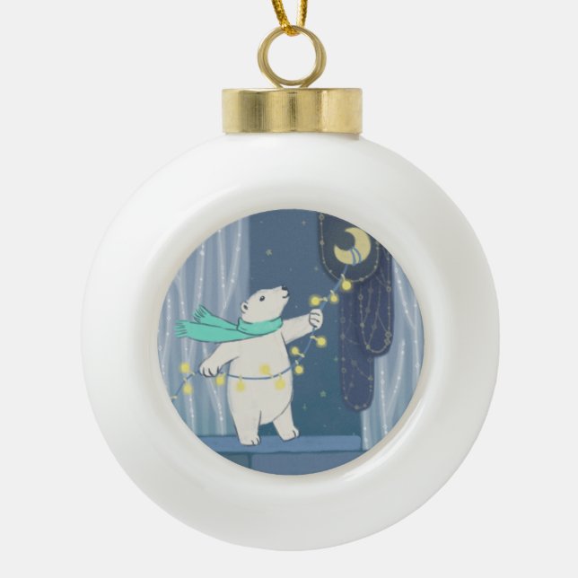 Polar Bear & the Moon Ceramic Ball Christmas Ornament (Front)