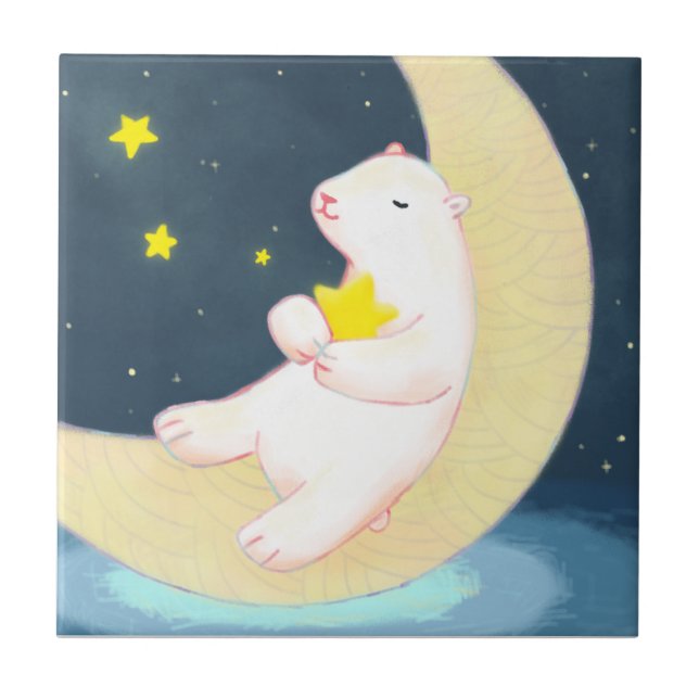 Polar Bear, the Moon & Stars Ceramic Tile (Front)