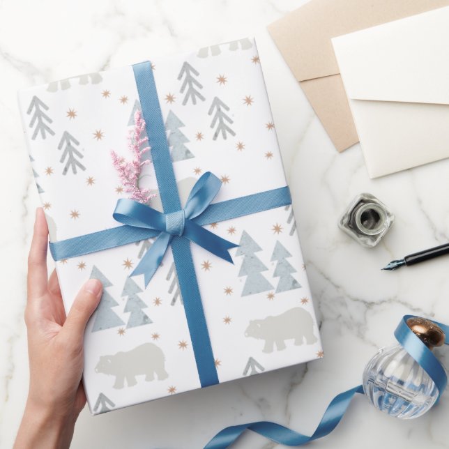 Polar Bear Tree Star Pattern White Wrapping Paper (Gifting)