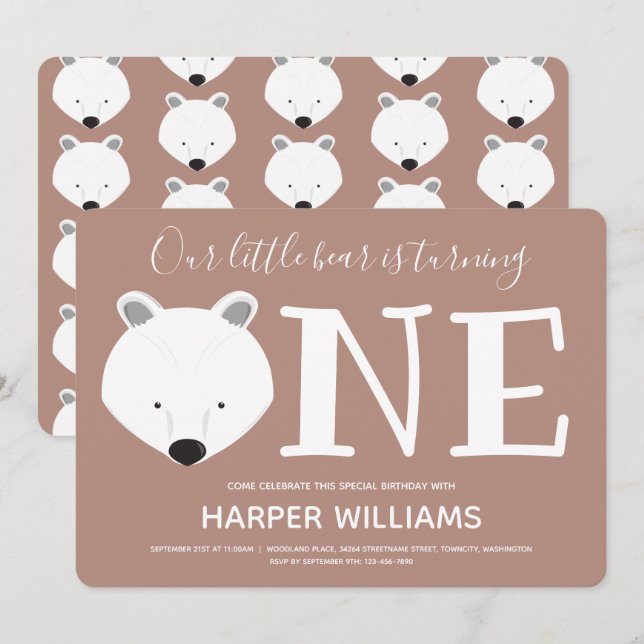 Polar Bear Turning One Cute Animal First Birthday Invitation (Front/Back)