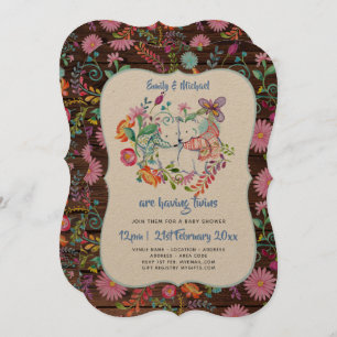 Polar Bear TWINS Baby Shower Invites Folk Flowers