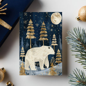 Polar Bear Under The Moon Watercolor Woodland Xmas Postcard