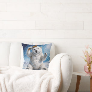 Polar Bear Using a Hairbrush Throw Pillow