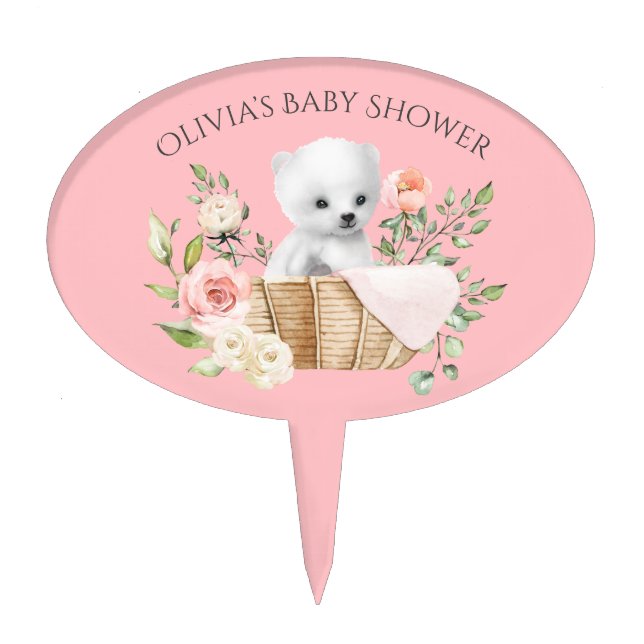 Polar Bear Watercolor Pink Baby Shower Cake Topper (Front)