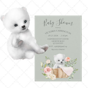Polar Bear Watercolor Sage Green Baby Shower Invit Invitation