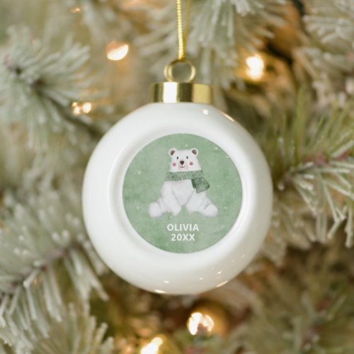 Polar Bear Wearing Green Scarf Christmas Ceramic Ball Christmas Ornament