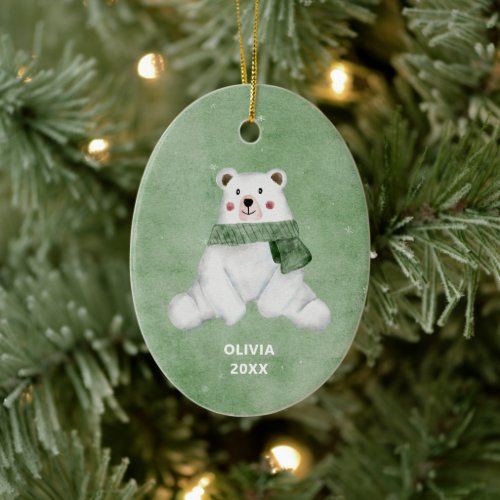 Polar Bear Wearing Green Scarf Christmas Ceramic Ornament