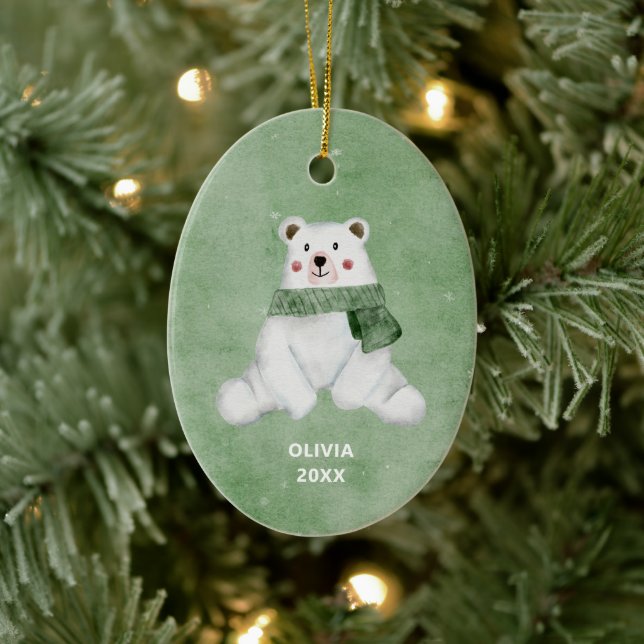 Polar Bear Wearing Green Scarf Christmas Ceramic Ornament (Tree)