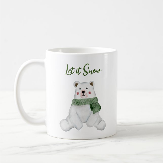 Polar Bear Wearing Green Scarf Let it Snow Coffee Mug (Left)