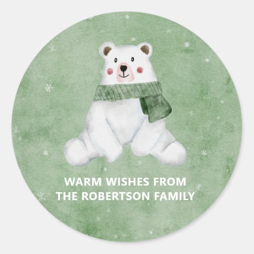 Polar Bear Wearing Green Scarf Let it Snow Holiday Classic Round Sticker