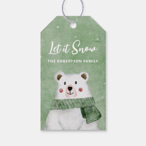 Polar Bear Wearing Green Scarf Let it Snow Holiday Gift Tags