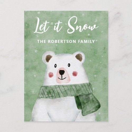 Polar Bear Wearing Green Scarf Let it Snow Holiday Postcard