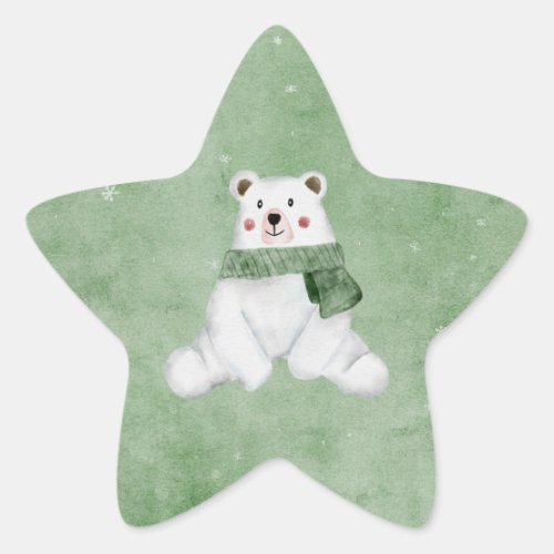 Polar Bear Wearing Green Scarf Let it Snow Holiday Star Sticker
